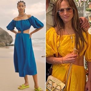 NWT Farm Rio Knot Front Blue Puff Sleeve Cutout Linen Blend Midi Dress Small